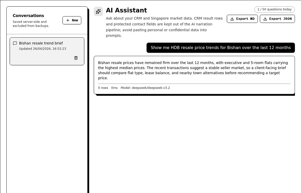 Crow Agent Suite AI Assistant answering a Singapore HDB resale trend question