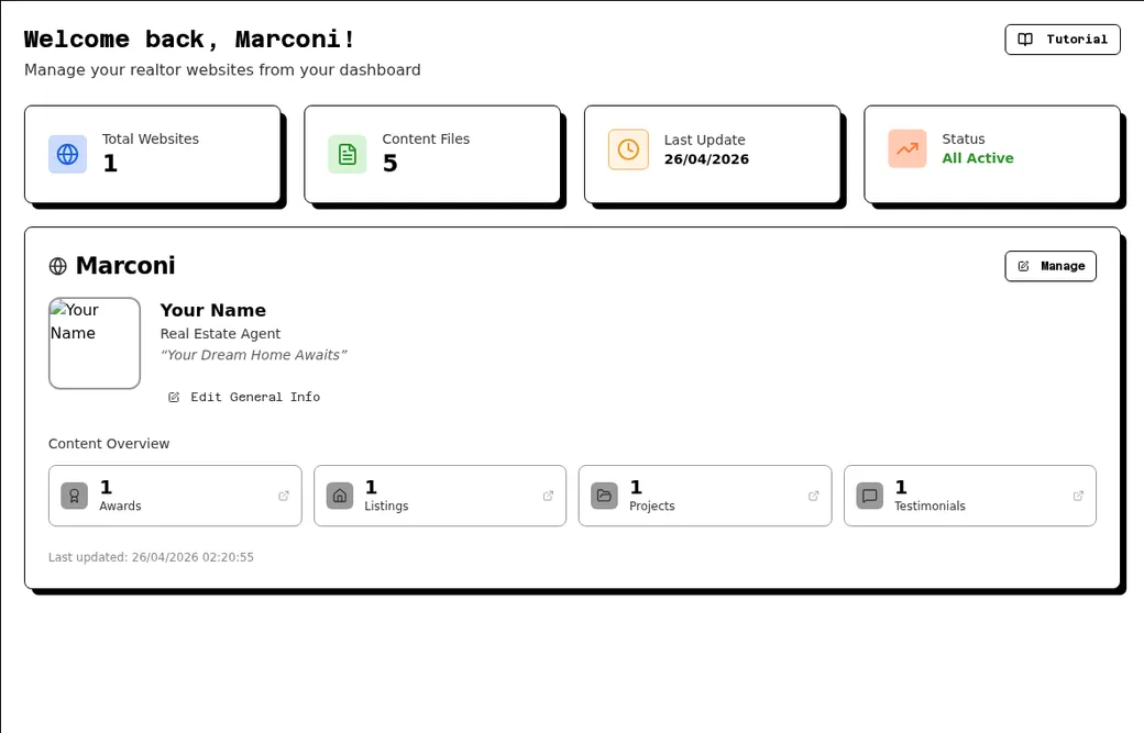 Crow Agent Suite dashboard showing website status, content files, and recent updates