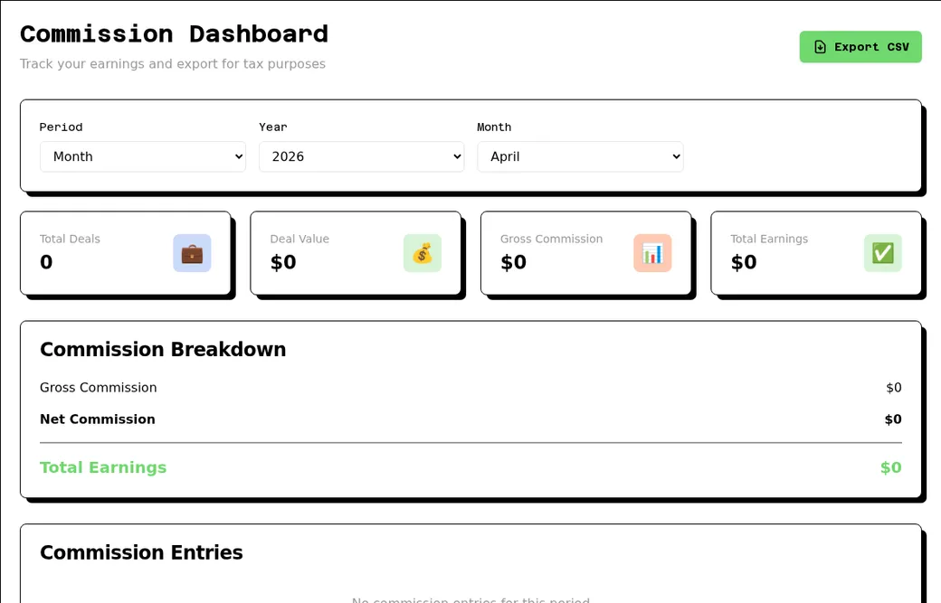 Crow Agent Suite commission dashboard with gross commission, earnings, and deal entries