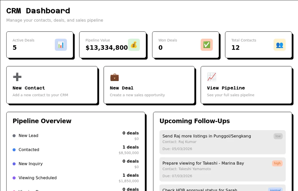 Crow Agent Suite CRM dashboard with pipeline, contacts, and follow-ups