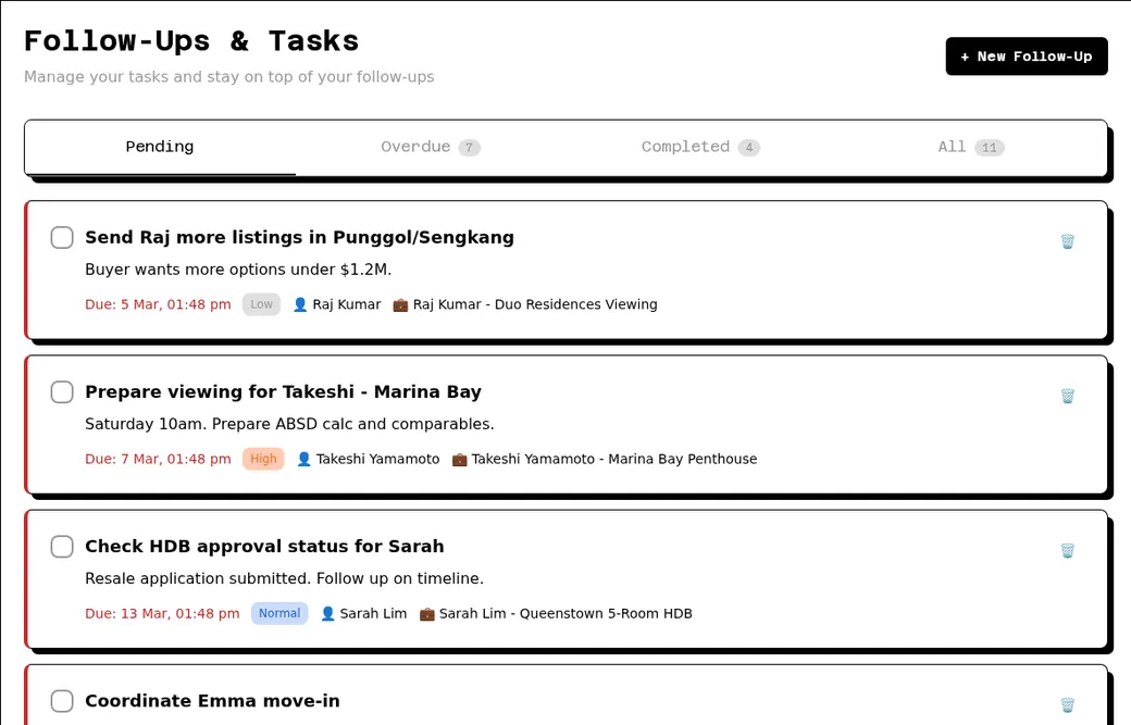 Crow Agent Suite follow-ups and tasks page for real estate client workflows