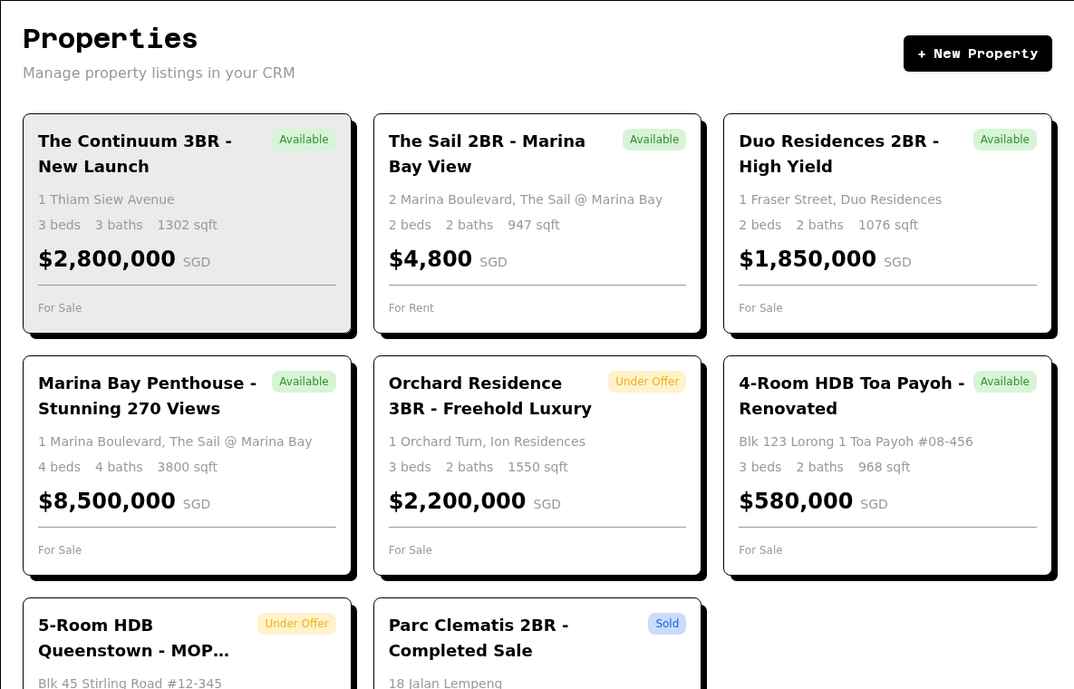 Crow Agent Suite CRM properties page for managing agent property inventory