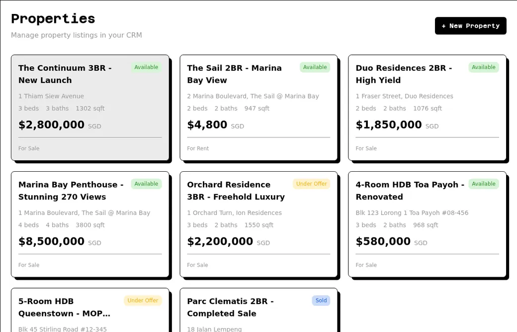 Crow Agent Suite CRM properties page for managing agent property inventory
