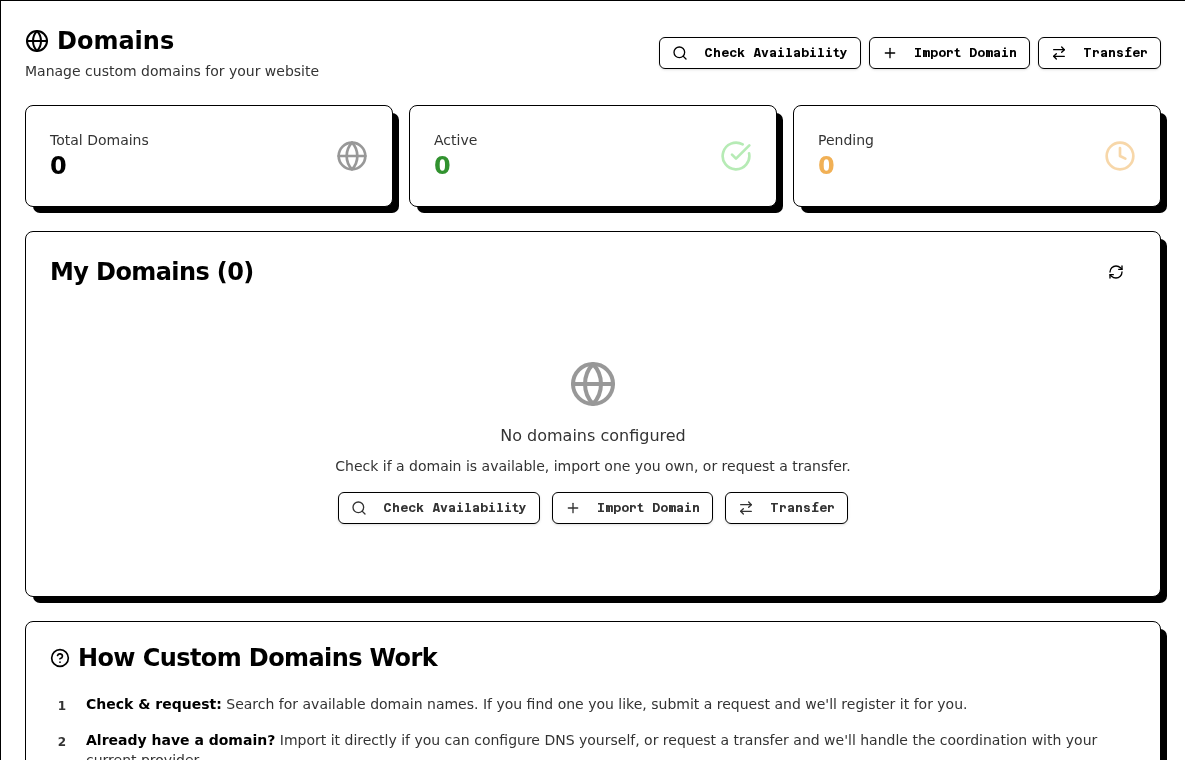 Crow Agent Suite custom domains page for managing agent website domains