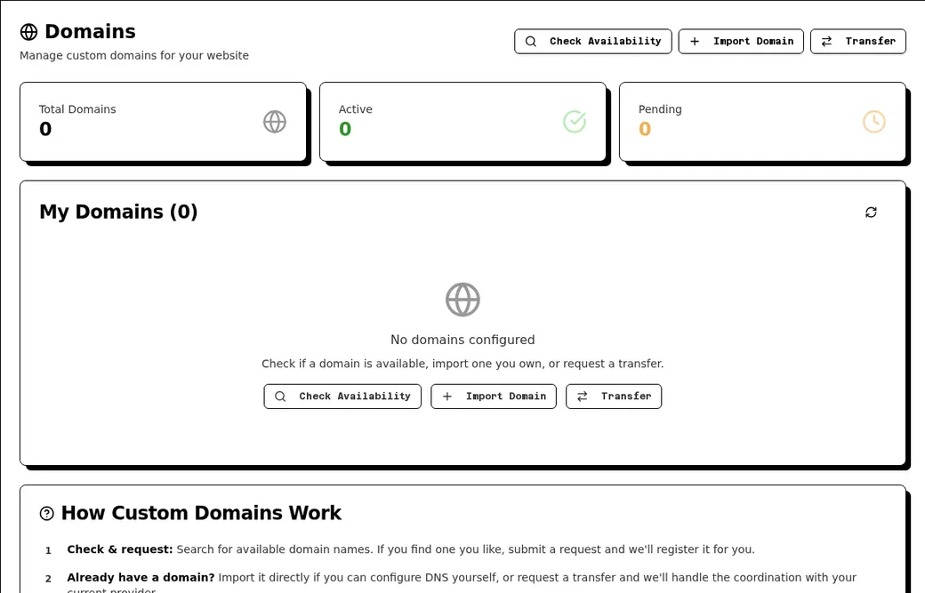 Crow Agent Suite custom domains page for managing agent website domains