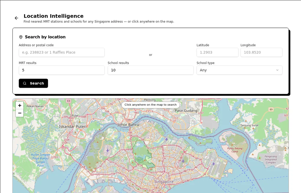 Crow Agent Suite location intelligence page with map search for nearby MRT stations and schools