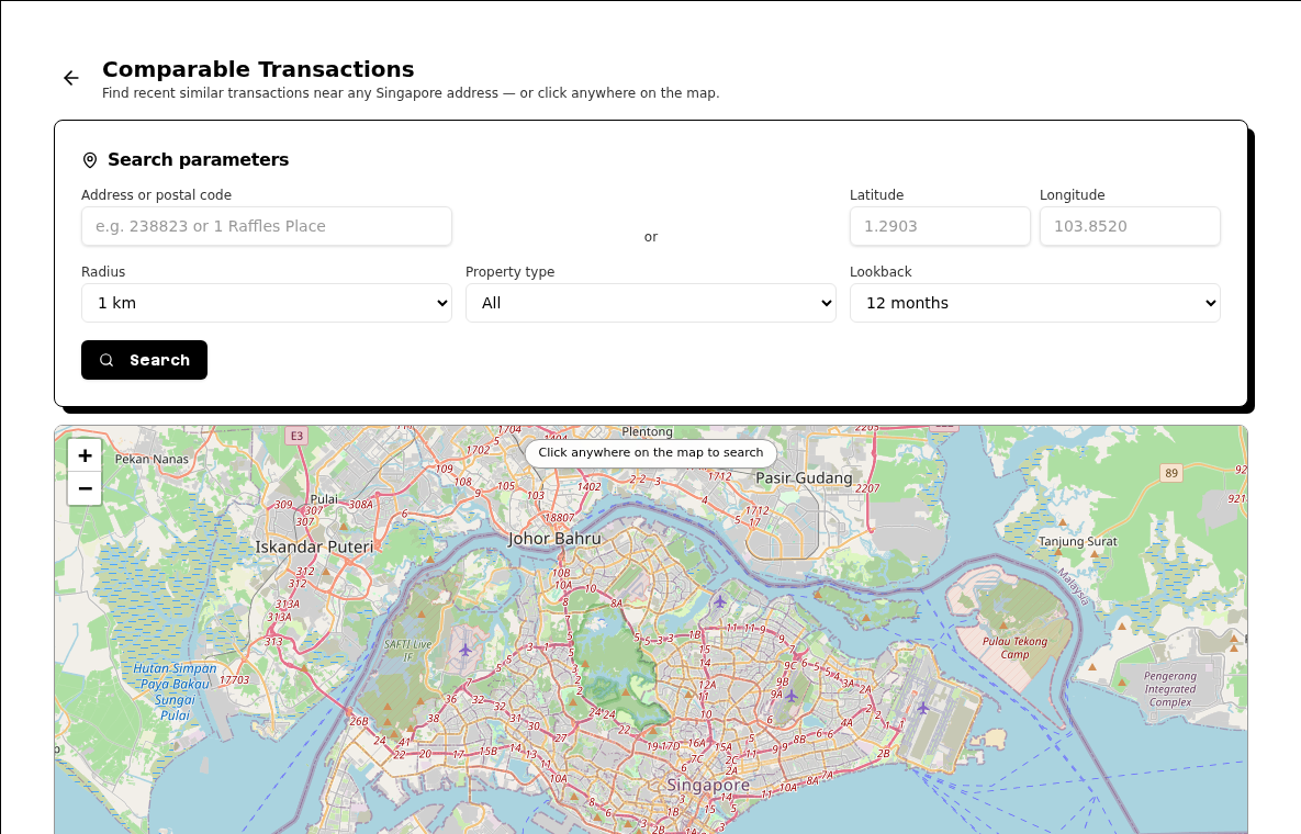 Crow Agent Suite comparable transactions map for Singapore property market analysis