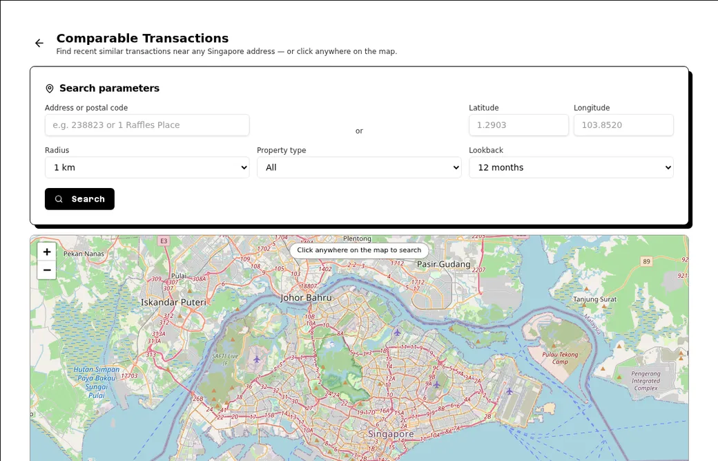Crow Agent Suite comparable transactions map for Singapore property market analysis