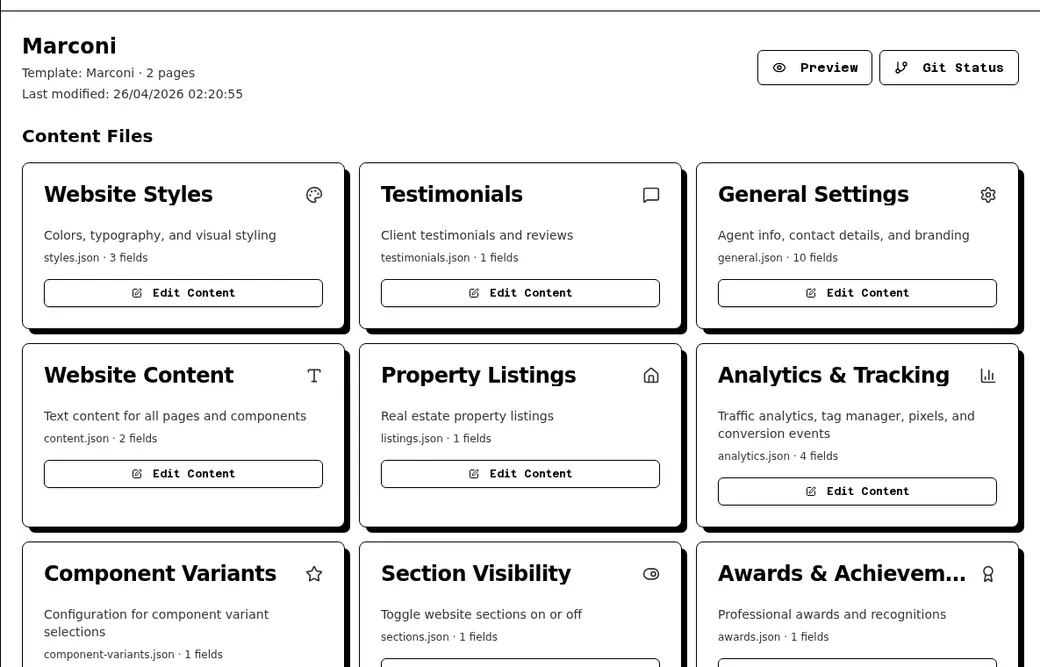 Crow Agent Suite CMS content editor showing website content files and editable sections