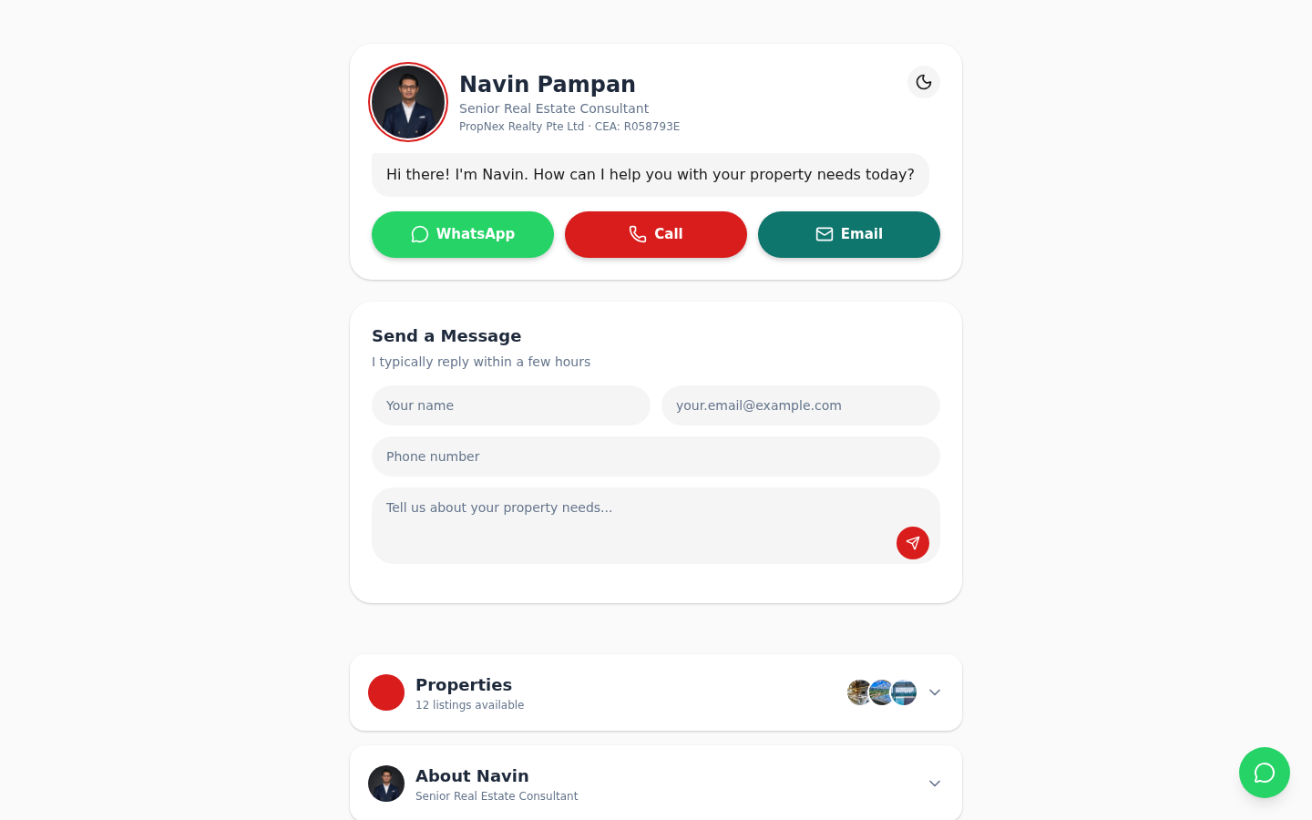 Chat First real estate agent template — conversational contact layout