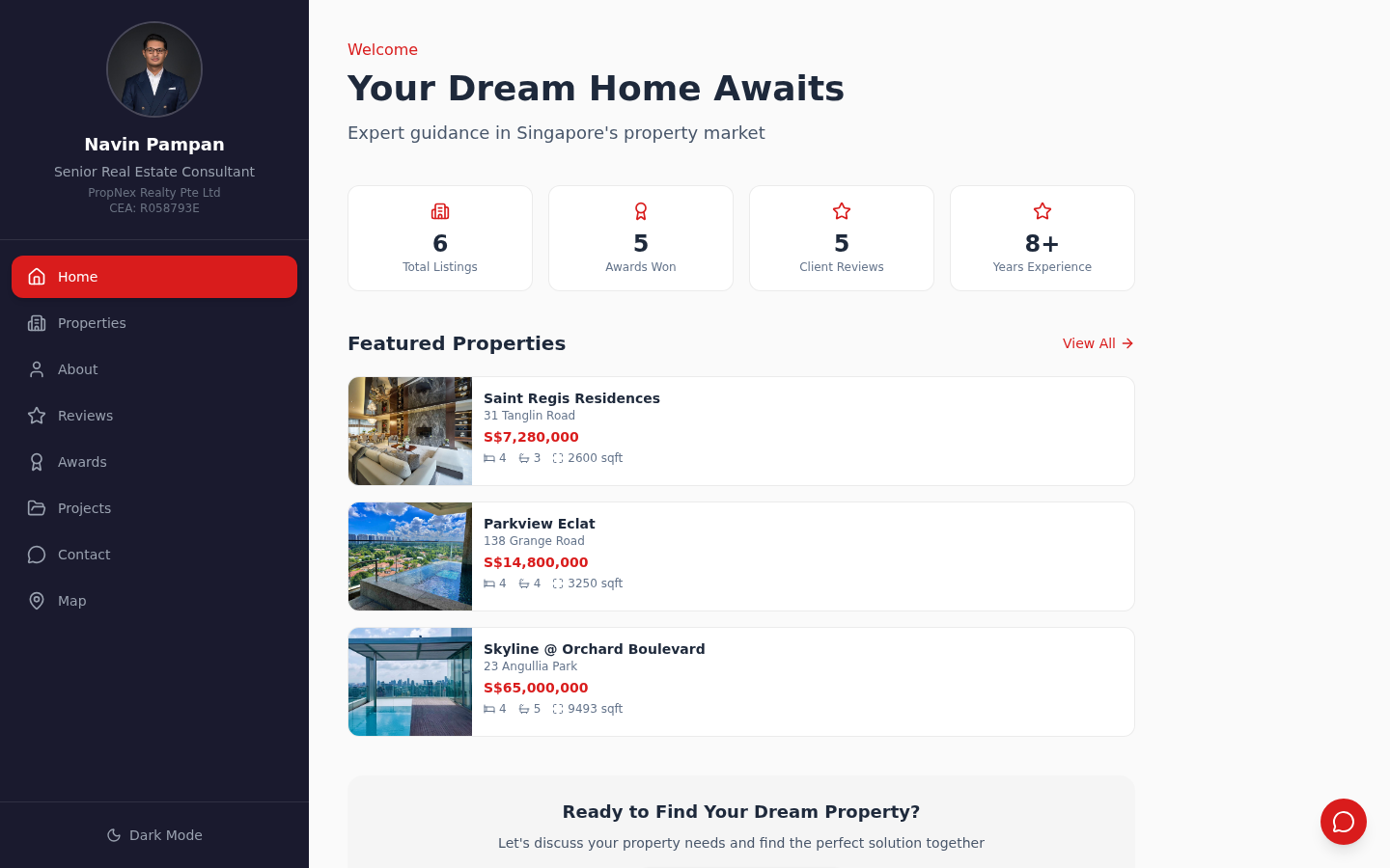 Split Screen real estate agent template — dual-panel side-by-side layout